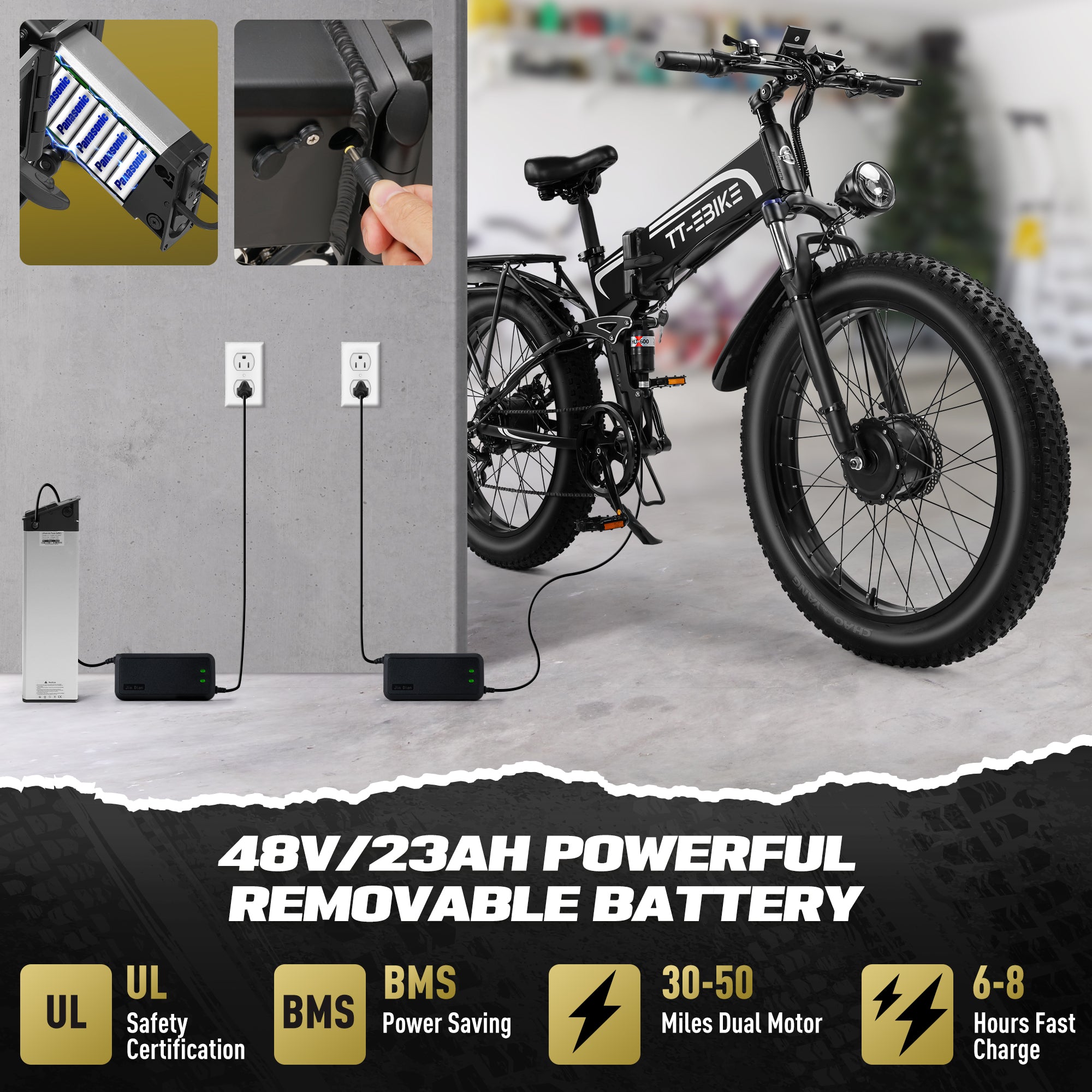 TT-EBIKE 3000W Dual Motor Folding Electric Bike for Adults with 48V 23AH Battery,26x4 Fat Tire All Terrain Ebikes,Full Suspension 28MPH E Bike,SHM 7-Speed Gear E Bikes